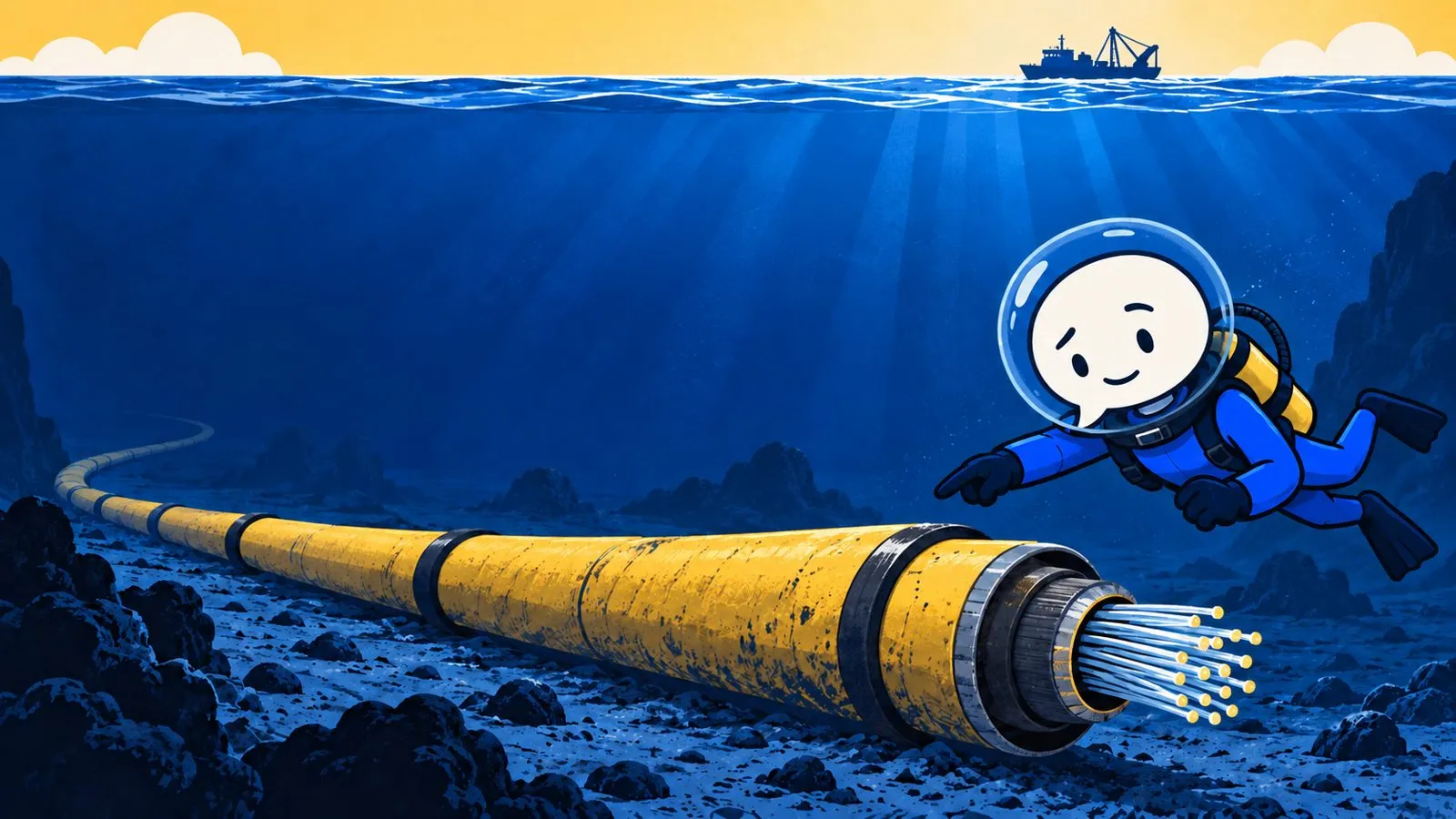 An illustrated cutaway of an undersea fibre-optic cable, with the presenter looking on.